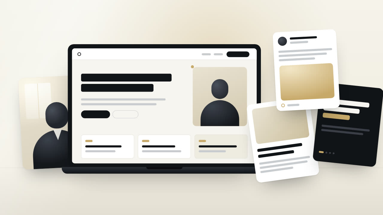 Illustration: a professional's portrait, their personal website on a laptop, and matching social content cards — one coherent presence.